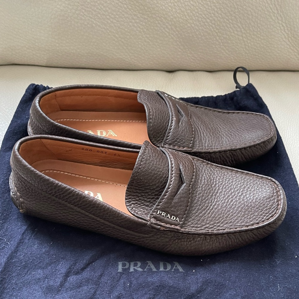 Prada Brown Textured Leather Driver Shoes Mens US6.5